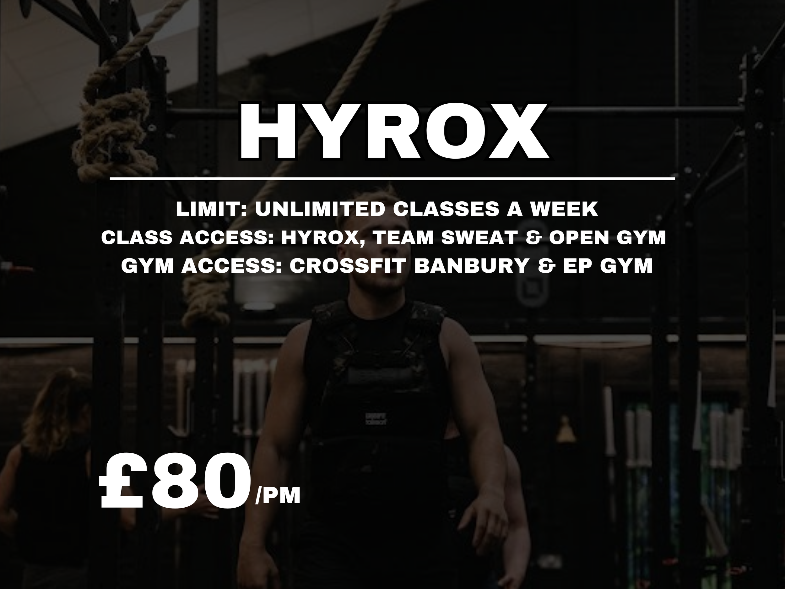 Promotional poster for HYROX fitness classes featuring a person in gym gear and workout equipment in the background.