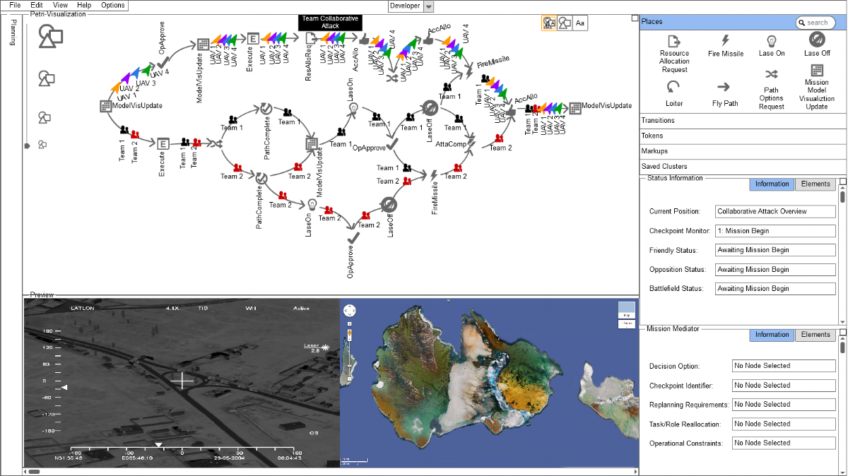 One of many iterations of a platform devoted to multi-process, multi-asset mission planning and execution services. This tool works with decision making and modeling services by applying statistical inference to mission planning and deployment strat…