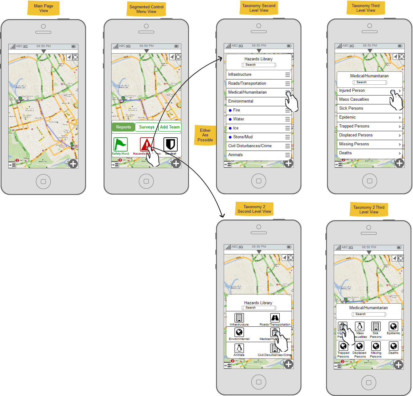 Prototype display diagramming the mobile data collection tool: AREA. This tool went through an extensive design and testing process to ensure the data was rich, accurate, and accessible to a niche and extremely technical group of users.