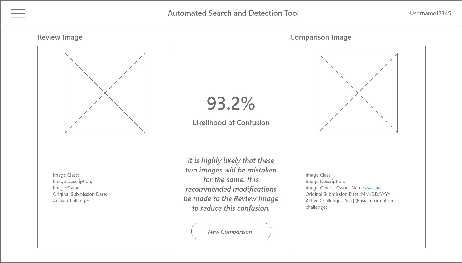 Example single image comparison. This screen would allow users to review more specific details and similarity metrics between a reference image and a result image.