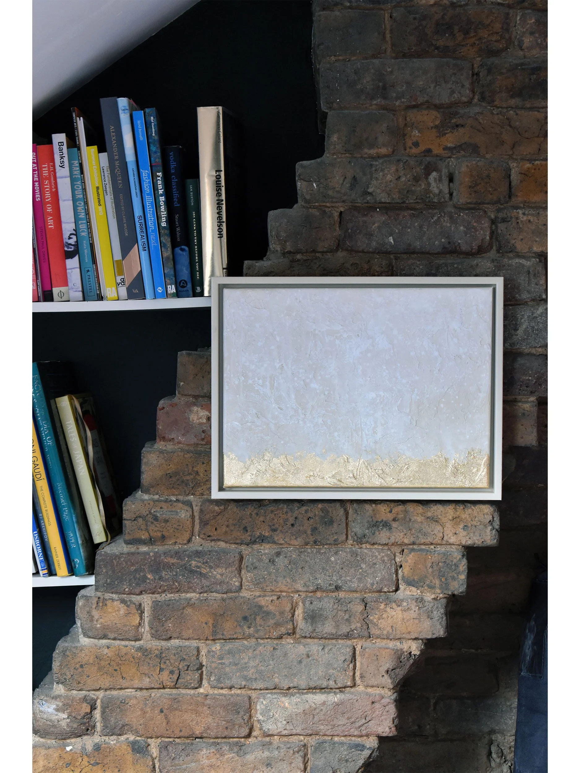 Ethereal Elegance Golden Horizon - Framed Cream and Gold Leaf Minimalist Original Textured Abstract Painting by Samuel Deacon Art