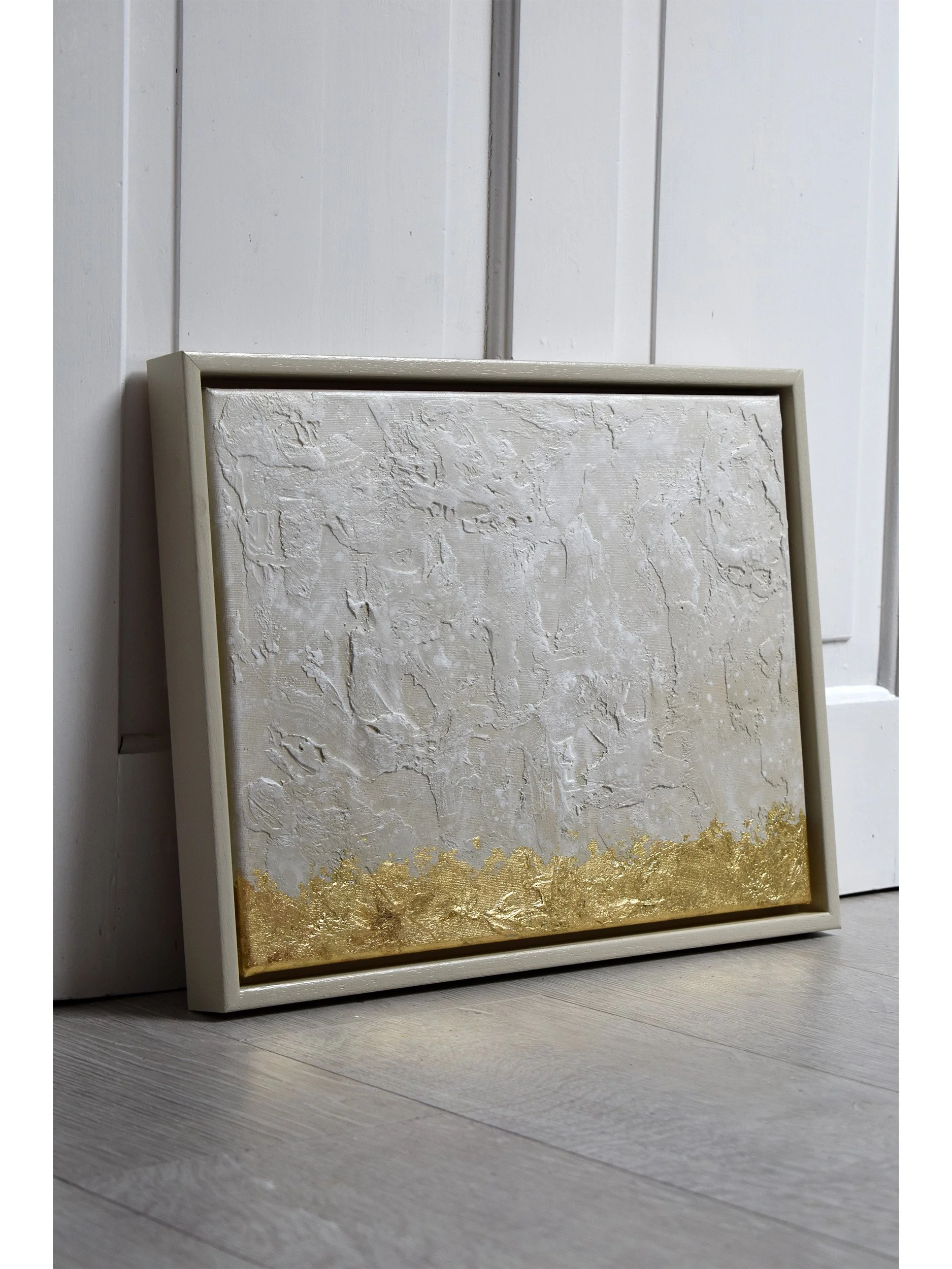 Ethereal Elegance Golden Horizon - Framed Cream and Gold Leaf Minimalist Original Textured Abstract Painting by Samuel Deacon Art