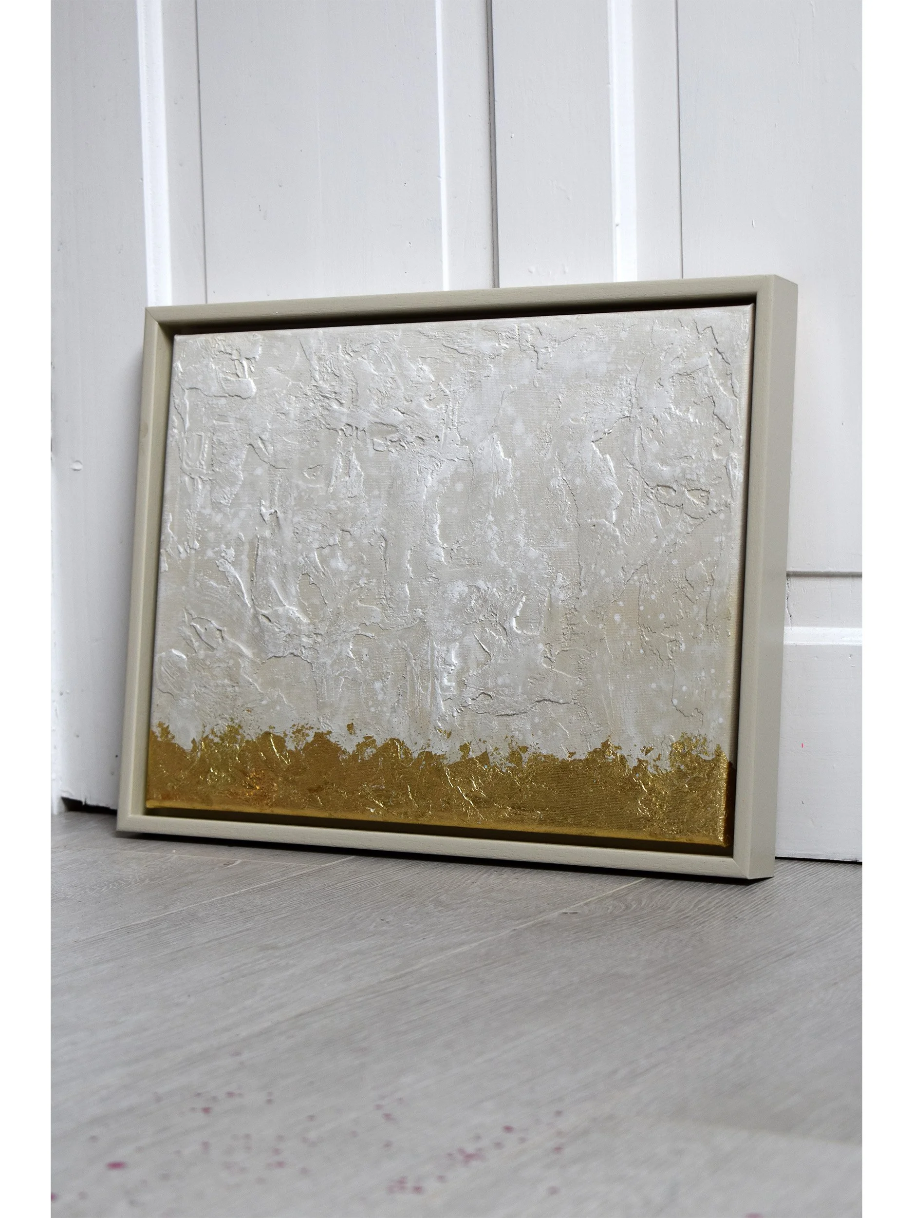 Ethereal Elegance Golden Horizon - Framed Cream and Gold Leaf Minimalist Original Textured Abstract Painting by Samuel Deacon Art