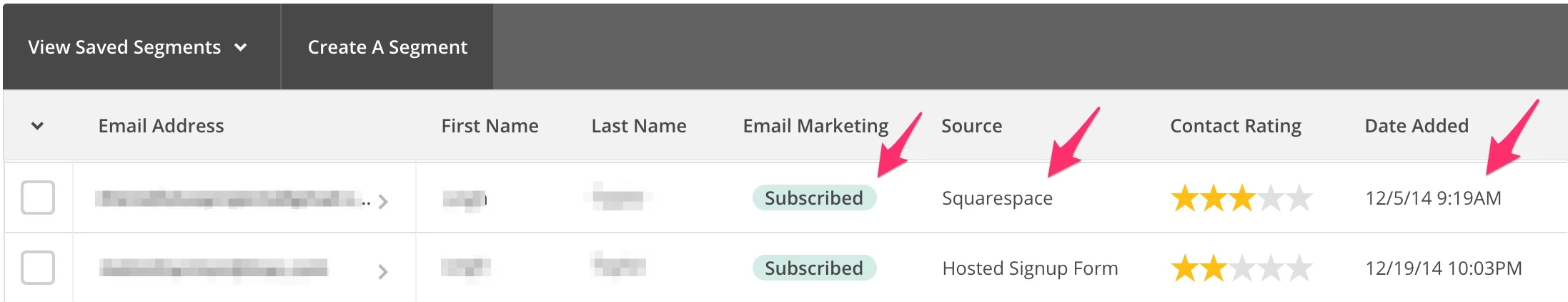 The MailChimp List screen shows the status of the user, what source they used to subscribe, and the date/time stamp of their subscription