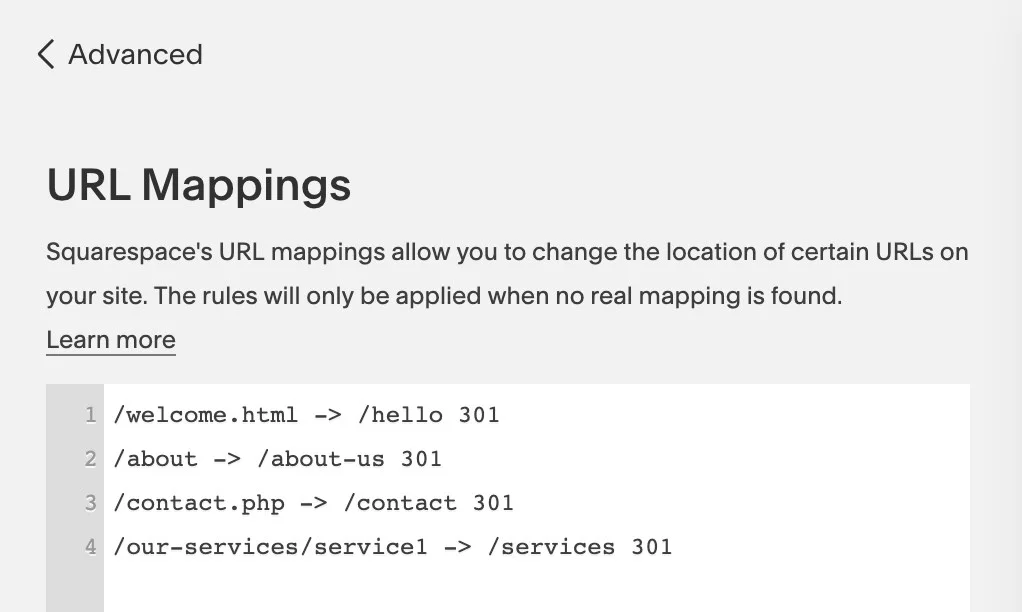 Paste URL mappings into Squarespace settings to make redirects