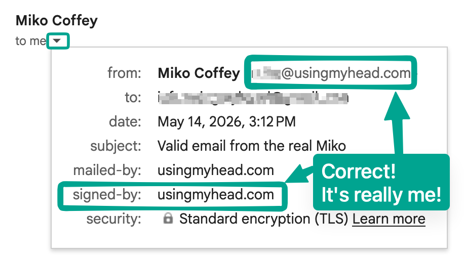 Email header showing usingmyhead.com domain name