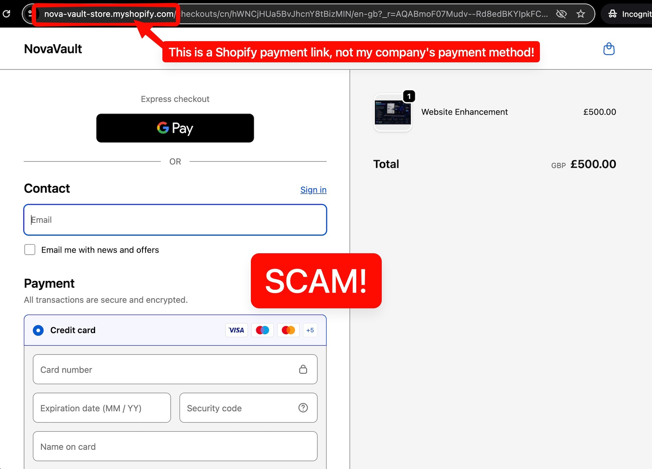 Screenshot showing scam payment on Shopify