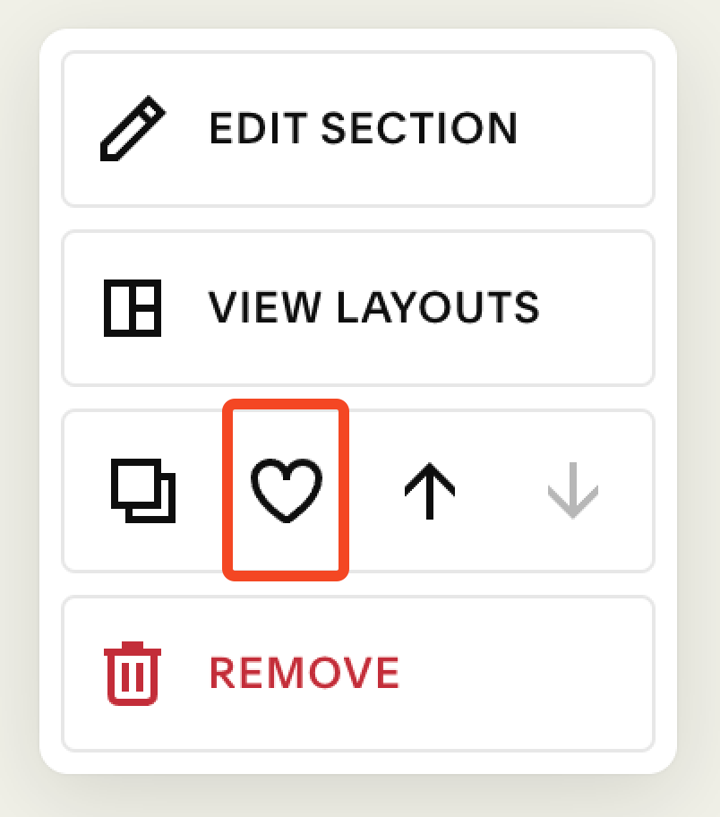 Click the heart to save a section in Squarespace 7.1