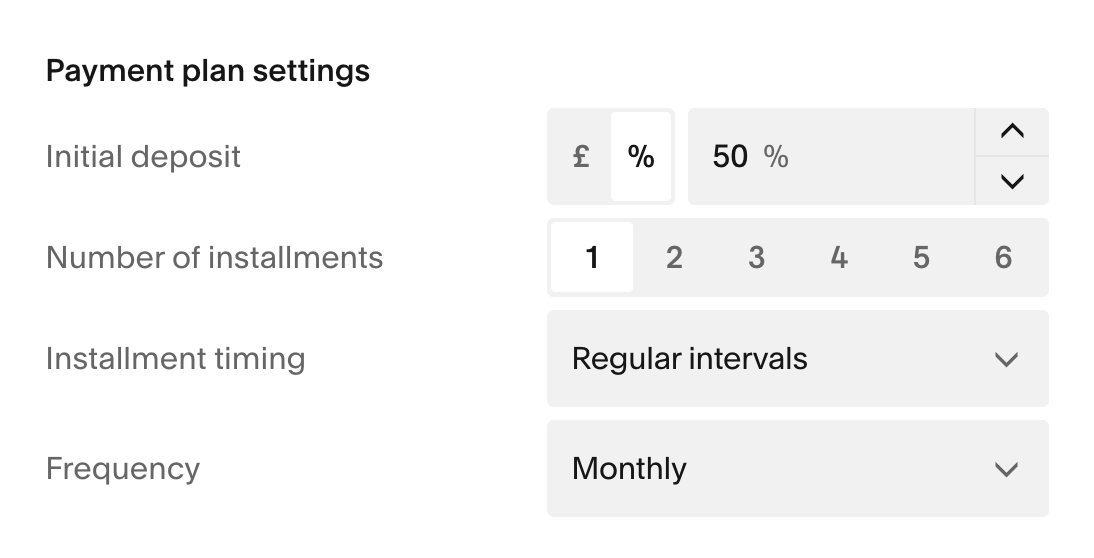 Example showing a 50% deposit/balance setup