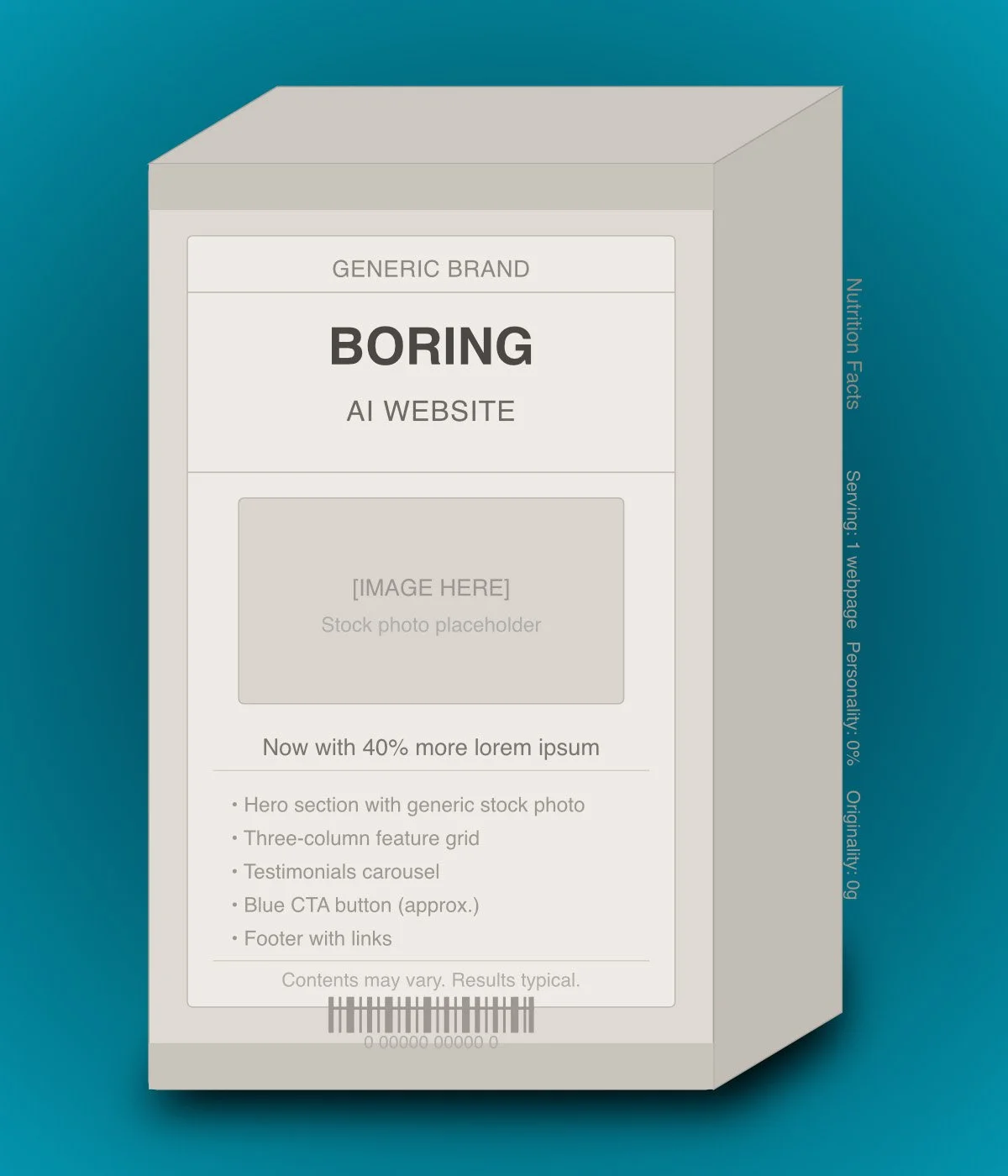 Mockup of a bland box that says "Boring AI Website" on it