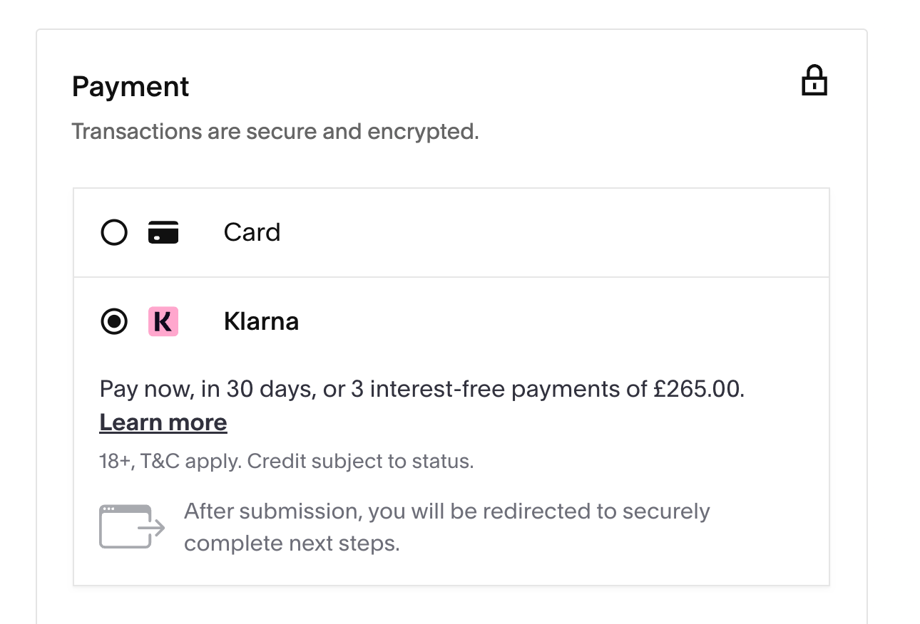 Buy Now Pay Later option from Klarna as it appears at checkout