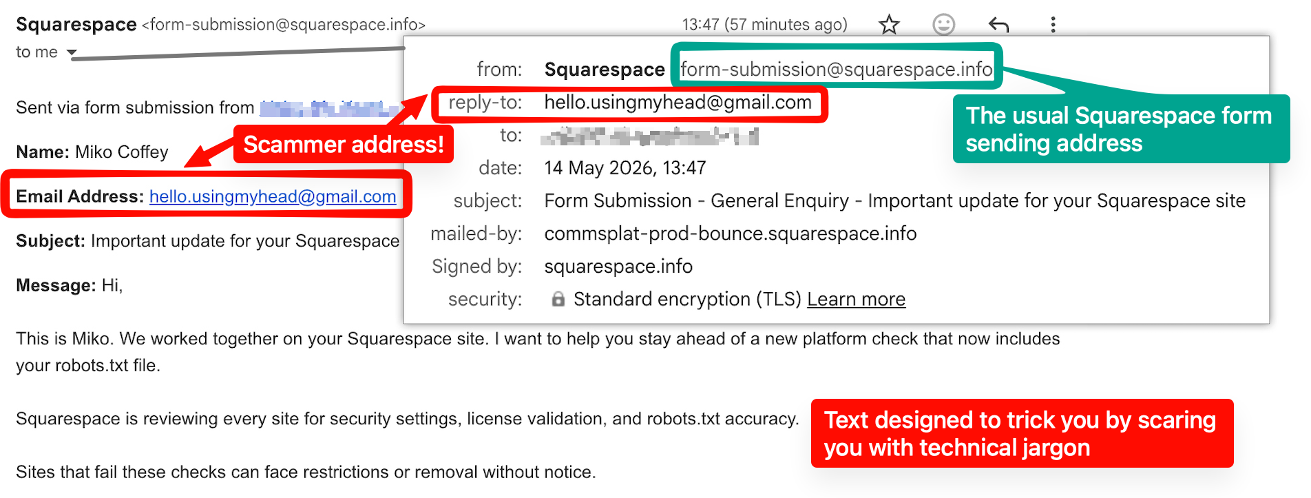 Example scam Squarespace form submission, showing how to check the email reply-to field