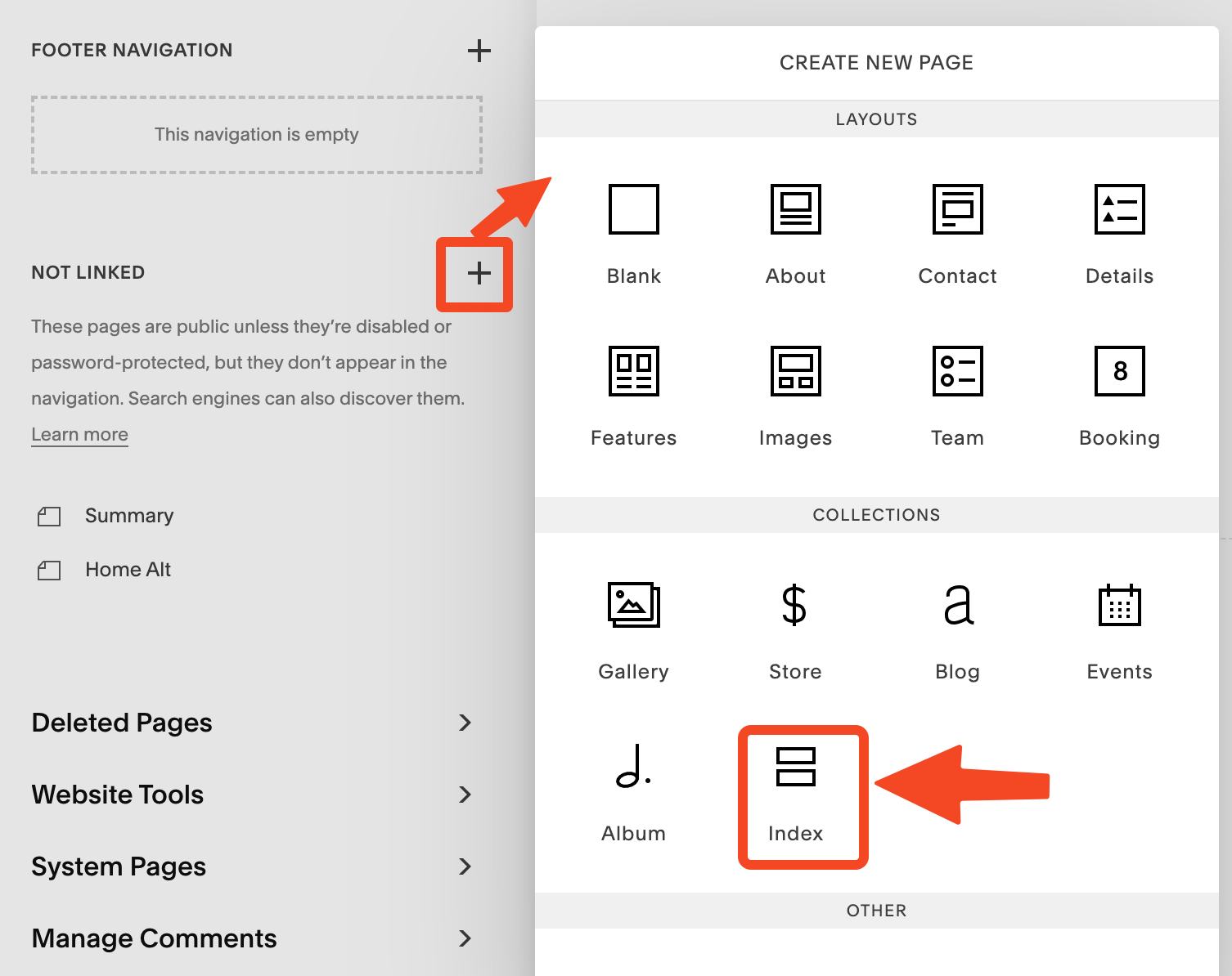 How to create an Index container in Squarespace 7.0