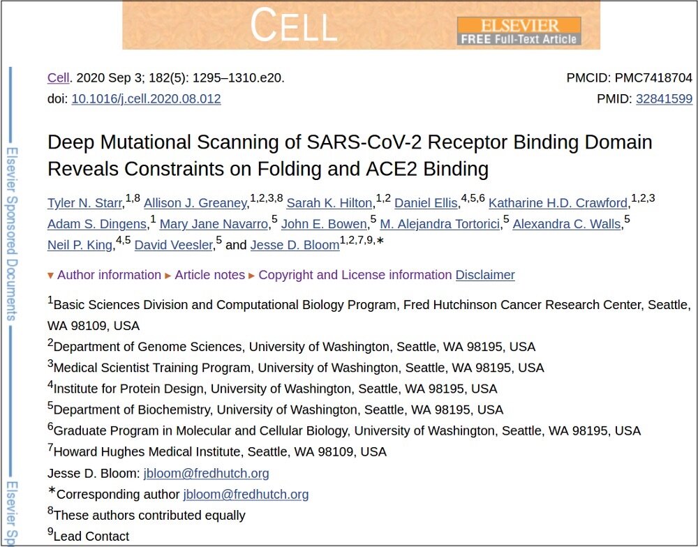 ‘Deep Mutational Scanning of SARS-CoV-2 Receptor Binding Domain Reveals Constraints on Folding and ACE2 Binding’ (Tyler N. Starr et al.)