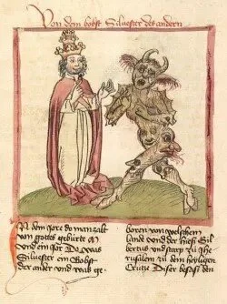 Pope Sylvester II and the Devil (1460). In Christianity, the devil has similar features to the pagan gods described above as they are the main inspiration for these depictions. The attributes embodied by these gods became the representation of what is considered evil by the Church.