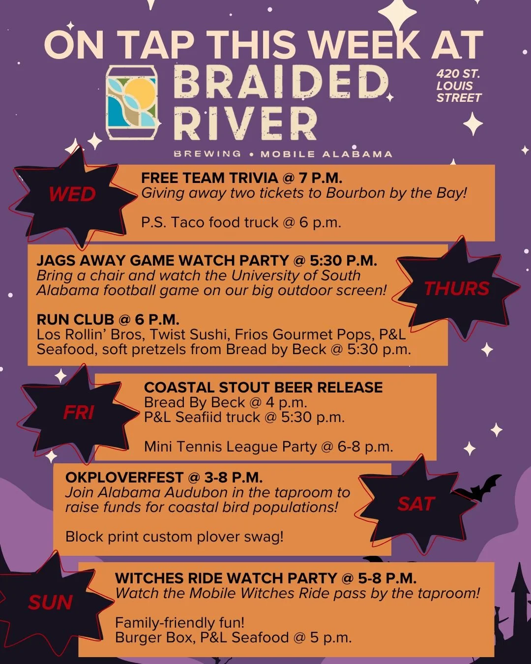 We have a packed schedule this week! There's something for you, whether you like bourbon, birds, football, sushi or witches, or anything in between: