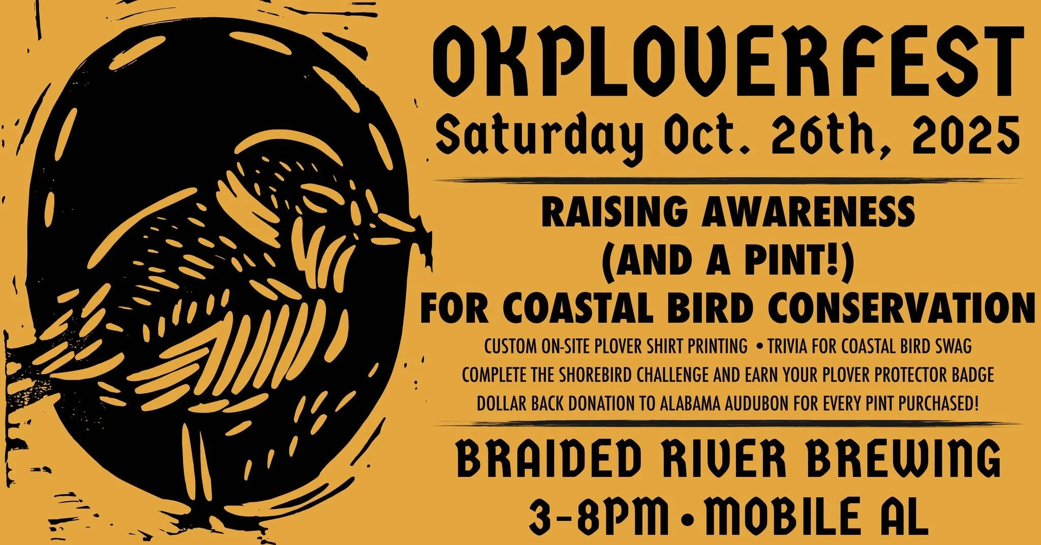 Okploverfest is TODAY!

All ages are invited to join @alaudubon in the taproom from 3-8 p.m.:
🐦 Print custom bird shirts and swag with artwork by Adrienne Clow of @esartcenter 
🐦 Earn an official Plover Protector badge
🐦 Play plover-themed trivia 