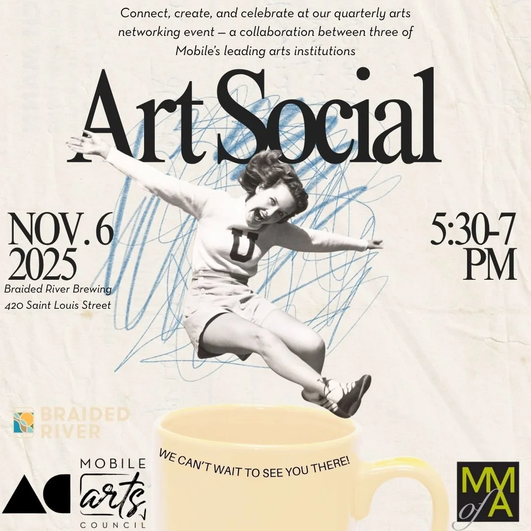 On Thursday, Nov. 6, 5:30-7 p.m., we'll be hosting Art Social 🎨

Connect, create and celebrate at this quarterly arts networking event &mdash; a collaboration between three of Mobile&rsquo;s leading arts institutions: @mobileartscouncil, @alabamacon
