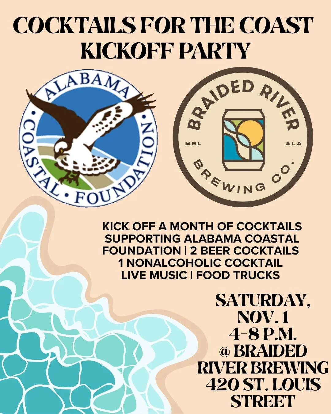 On Saturday, Nov. 1, 4-8 p.m., we're hosting a free kickoff party for @alabamacoastal Foundation's 2025 Cocktails for the Coast series!

We'll have beer cocktails (including a nonalcoholic option) on the menu, plus food trucks, live music from Keuler