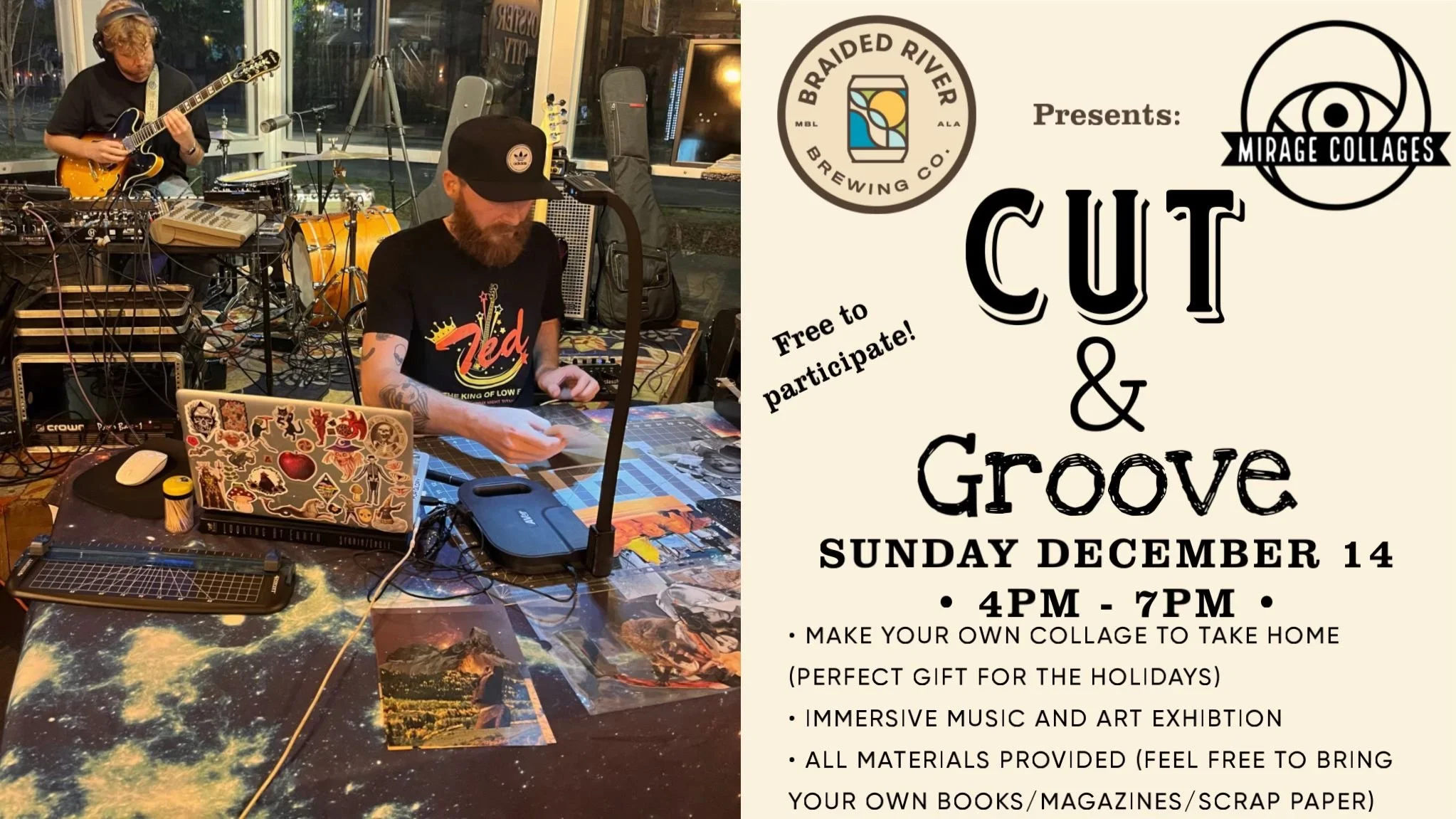 On Sunday, Dec. 14, we're hosting a music-meets-crafting event called Cut &amp; Groove!

@quintinayersbass, a.k.a. @miragecollages, will be leading an analog collage workshop, while guest musicians groove out with improvised beats in the background. 