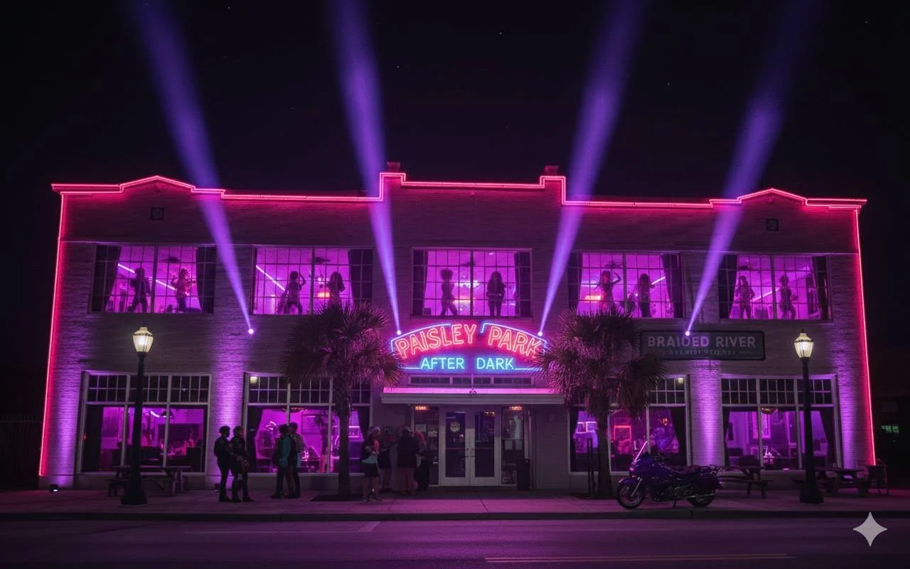 Join us Saturday, Jan. 10, for PURPLE REIGN, a free outdoor concert and 3D projection light show! @symonefrenchtrouilletroupe will be performing the music of Prince, including songs from the iconic "Purple Rain" album, outside the taproom b