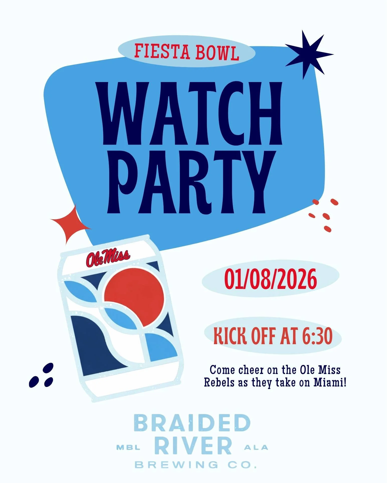 Hotty Toddy! Ole Miss fans, join us in the taproom tonight to cheer on the Rebs as they take on the Miami Hurricanes in the Fiesta Bowl. Kickoff is at 6:30 p.m.

We'll have half-price beers for every Rebel score, and El.torito Mexican Food will be on