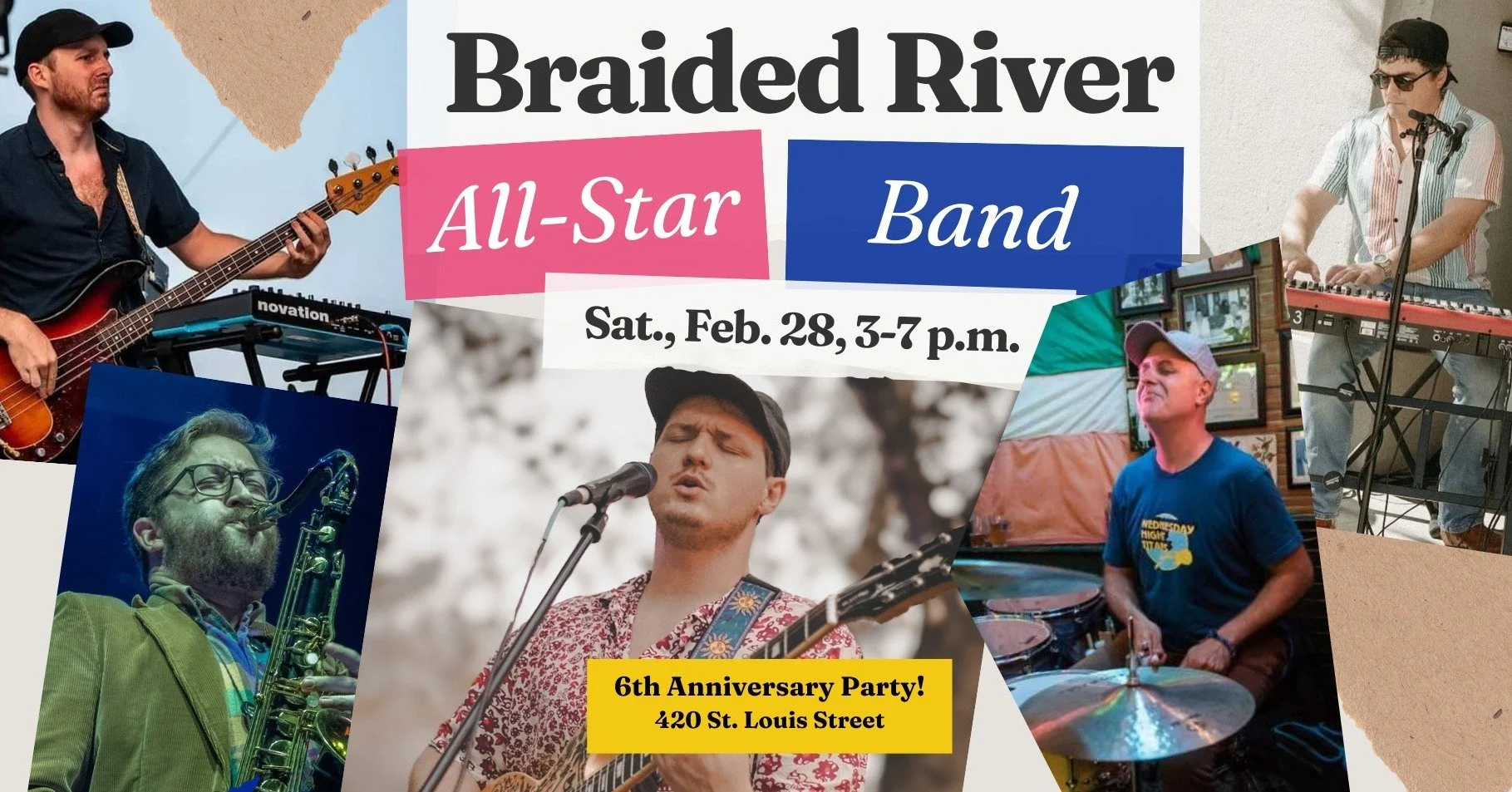 Our sixth anniversary party is coming up THIS SATURDAY, Feb. 28, and we've assembled the Braided River All-Star Band for the occasion! 

BRASB will bring together five local musicians from five different bands on one stage, for one day only!

Have th