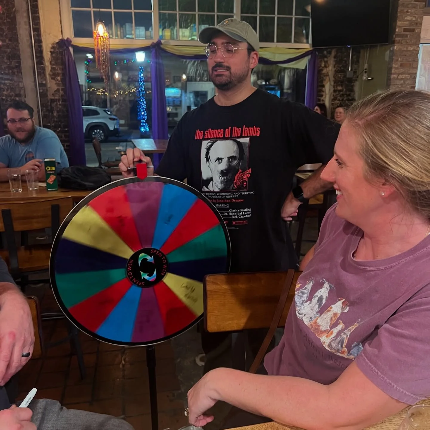 Happy trivia night! 

We host free team trivia in the taproom every Wednesday at 7 p.m. There are prizes after every round, a very enthusiastic host (pictured) and if you get lucky, you&rsquo;ll get to spin the dizzying Wheel o&rsquo; Categories. 

C