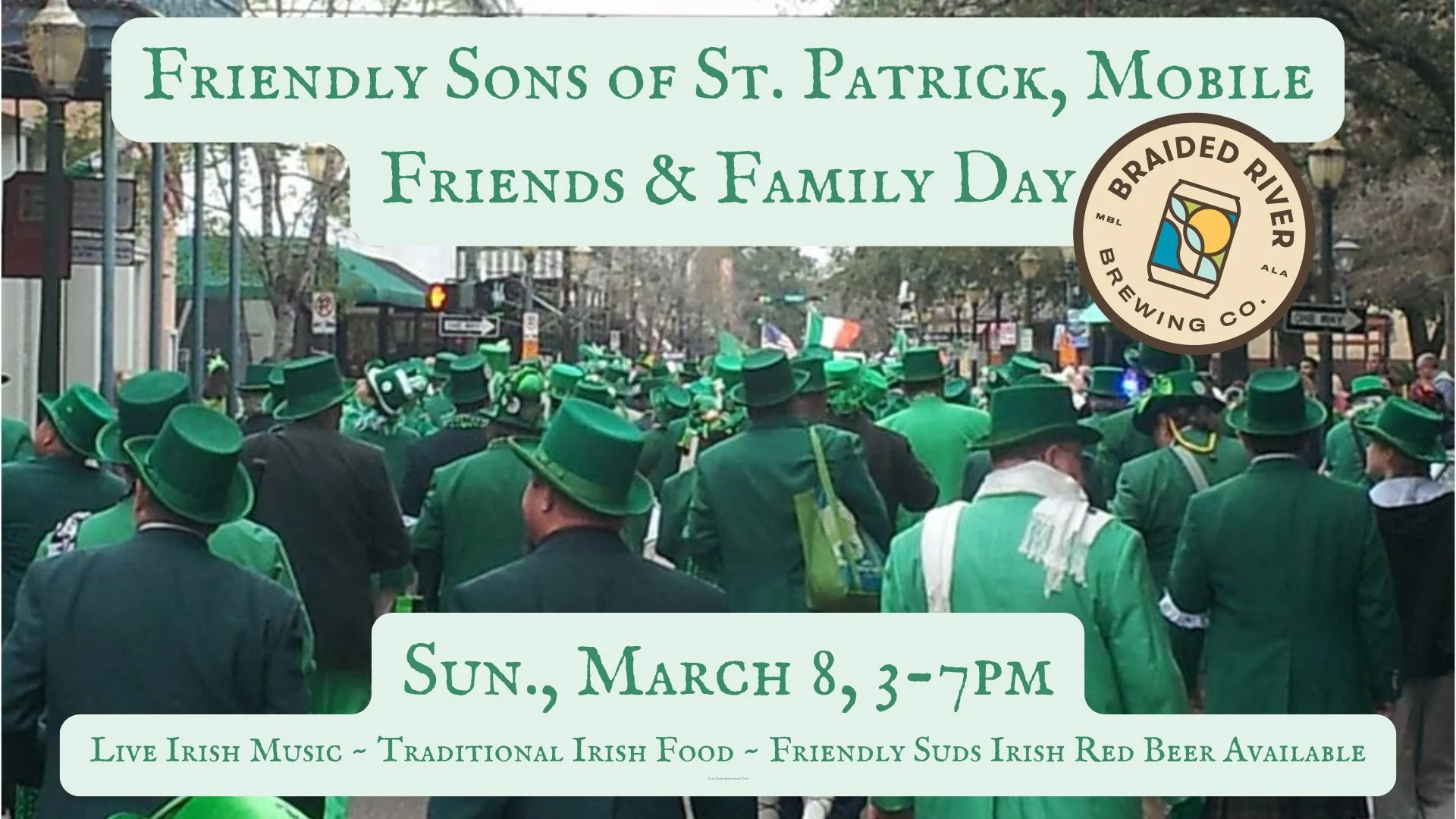 TODAY! Come celebrate St. Patrick with Mobile's Friendly Sons.

We'll have Irish music, food, beer and merriment in the taproom, 3-7 p.m. 🇮🇪