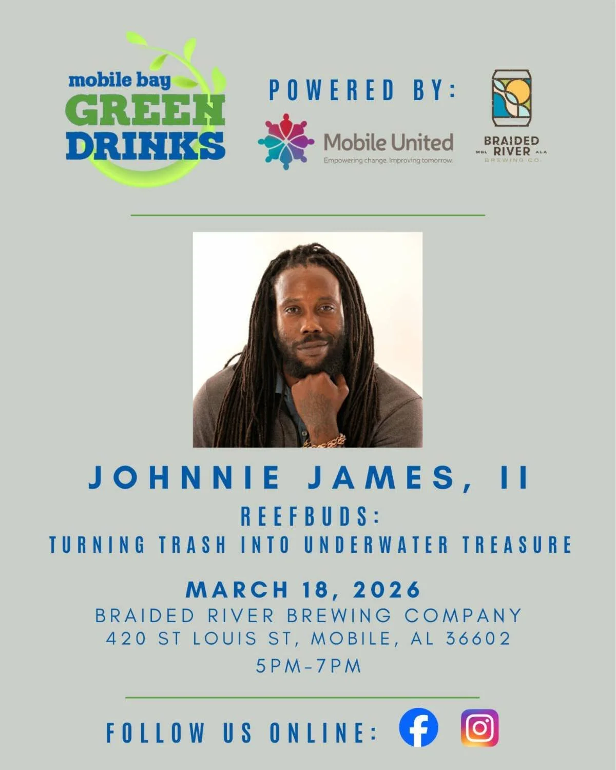 Keep the green beverages flowing tomorrow, March 18, with @mobilebaygreendrinks!

At 5 p.m., we'll be hosting Johnnie James II, of REEFBUDS, who will discuss regenerative ocean farming.

REEFBUDS is a carbon-negative biocrete technology that transfor