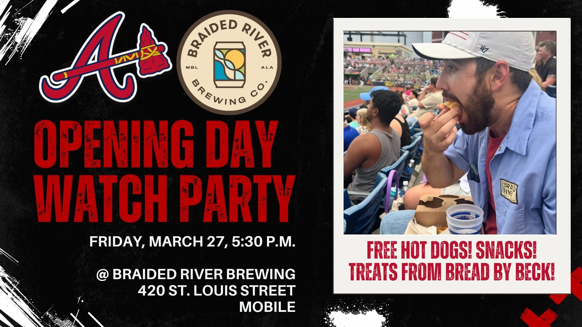 ⚾️ Join us in the taproom TOMORROW, Friday, March 27, for an Atlanta Braves Opening Day Watch Party! ⚾️ 

Our favorite MLB team is taking on the Kansas City Royals, and we'll be cheering them on from Mobile while dishing out FREE hot dogs and snacks.