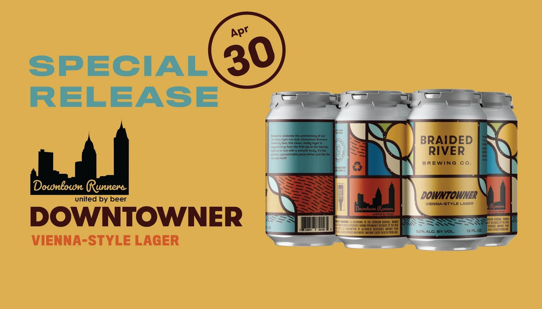 Next Thursday, April 30, we're celebrating the FIVE-YEAR anniversary of our run club, Downtown Runners United by Beer!

As part of the festivities, we're releasing a special beer in their honor: Downtowner, a Vienna-style lager. This clean, malty lag