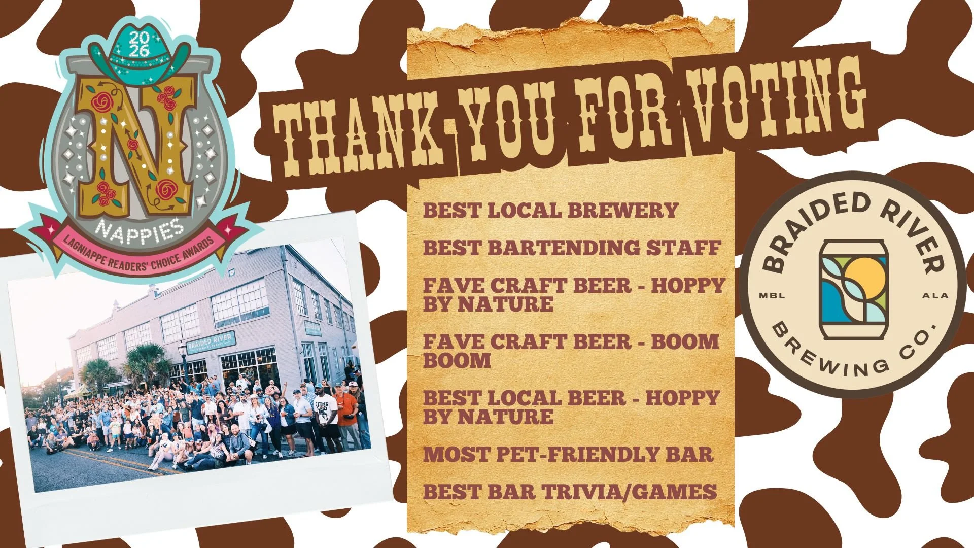 Braided River Brewing is honored to be a finalist for SEVEN @lagniappe_daily Nappie Awards! 

Thank you so much for voting us:
- Best Brewery
- Best Bartending Staff
- Fave Craft Beer: Hoppy By Nature
- Fave Craft Beer: Boom Boom
- Best Local Beer: H