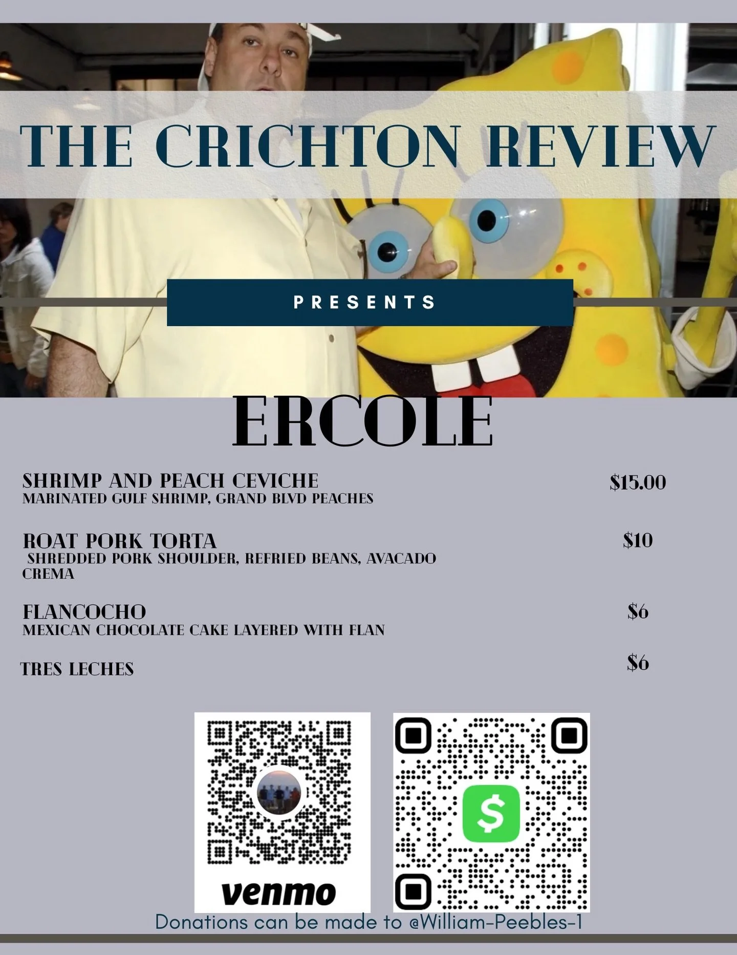 The Crichton Review is back in the taproom tonight for a Cinco de Mayo-themed pop-up! 

Come out and get you a plate of:
🦐 shrimp and peach ceviche
🥪 roast pork torta
🧁 flancocho
🍰 tres leches

PLUS drink specials all night!