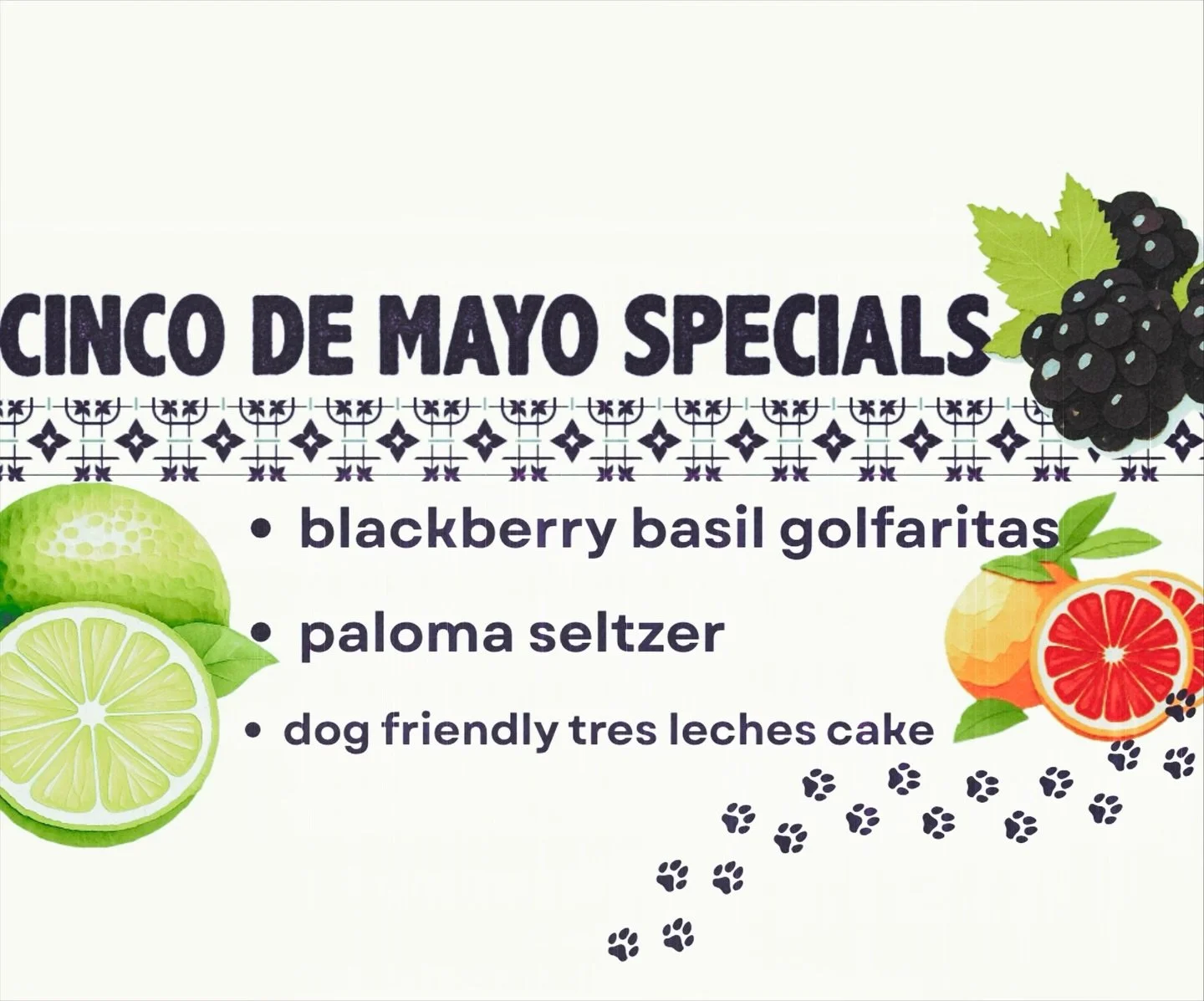 In addition to our yummy food pop-up tonight, our girl Elle is also mixing and mashing up some Cinco de Mayo-themed drinks for you, and treats for your pups!

Come get you some:
🍹 blackberry-basil golforitas (Del Golfo margs)
🍸 paloma seltzers
🐶 p