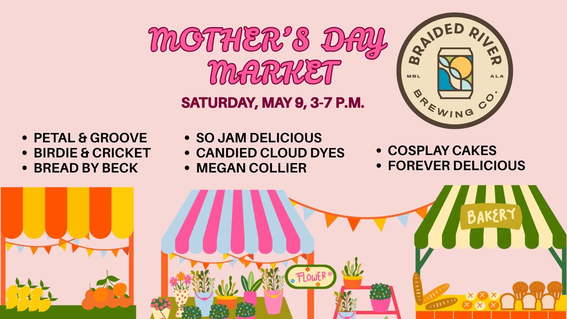 Join us on Saturday, May 9, 3-7 p.m., for a Mother's Day (Eve) Market at Braided River Brewing!

Pick up some thoughtful, hand-made gifts for the ladies in your life. Vendors at the taproom will include:
🌸 Petal &amp; Groove flower bar
🌸 Birdie &am