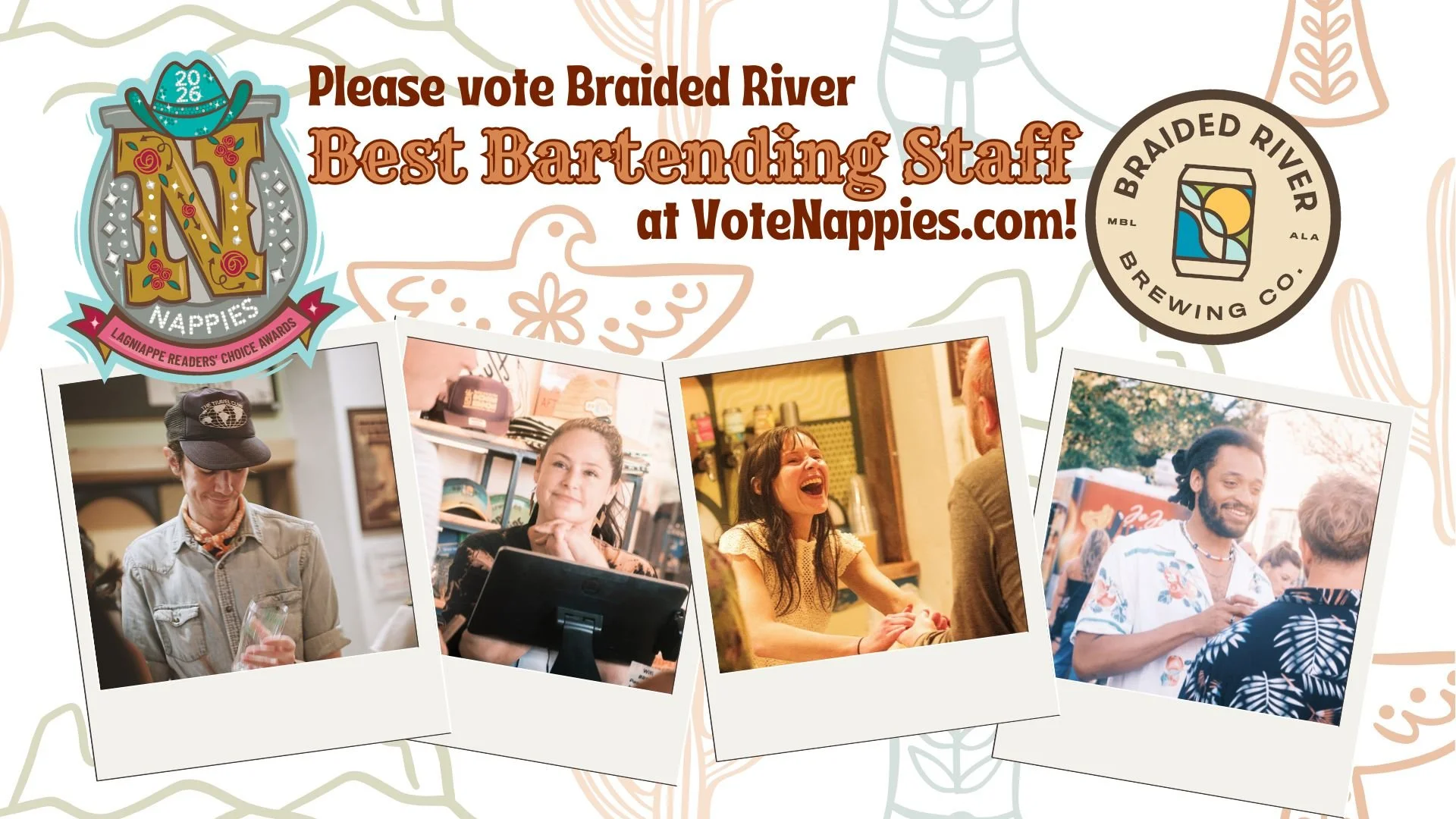 Do you love our bartenders as much as we love you 🥹

Please vote Braided River for Best Bartending Staff in the 2026 @lagniappe_daily Nappie Awards! Voting is open at VoteNappies.com through the end of May 🗳️
