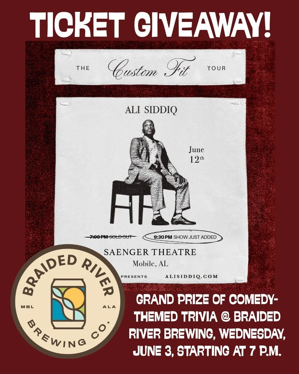 ATTN: COMEDY NERDS

On Wednesday, June 3, we're hosting comedy-themed trivia in the taproom starting at 7 p.m.

And the grand prize winner gets two tickets to see standup Ali Siddiq's show at the Saenger Theatre on June 12!

Bring your funniest frien