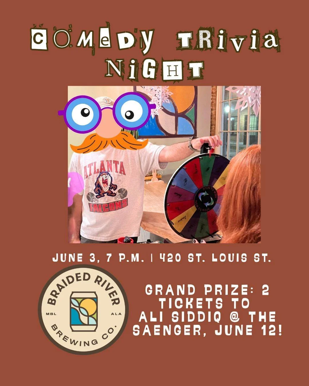 TONIGHT! Join us for free comedy-themed @triviawitholiver, starting at 7 p.m. 

The grand prize winner will receive two tickets to see standup @alisiddiq at the @mobilesaenger on June 12!

PLUS, @the_crichton_review is back in the taproom for a pop-u