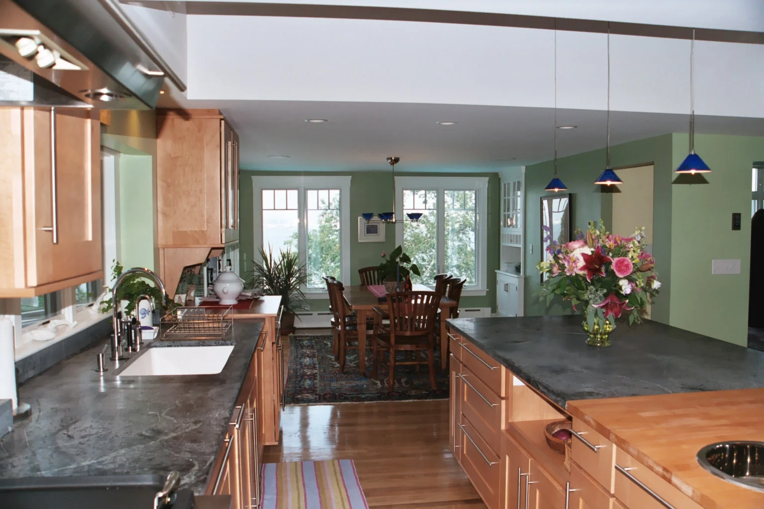 The kitchen has a great view to the harbor