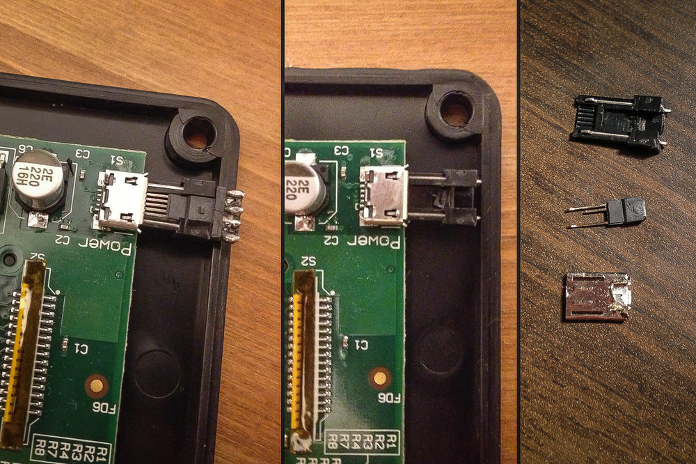  To make the Pi fit, I had to make the micro USB significantly shorter. I cut out the data pins as they are not used. 