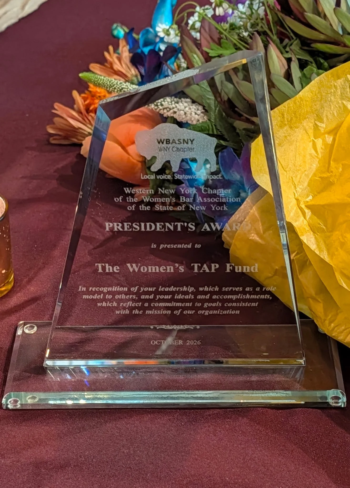 WBASNY award - Chrystal Plaque and flowers from Maureen's