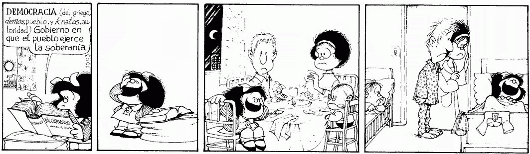 Tira de historieta de Mafalda sobre el tema de la Democracia. De Quino
