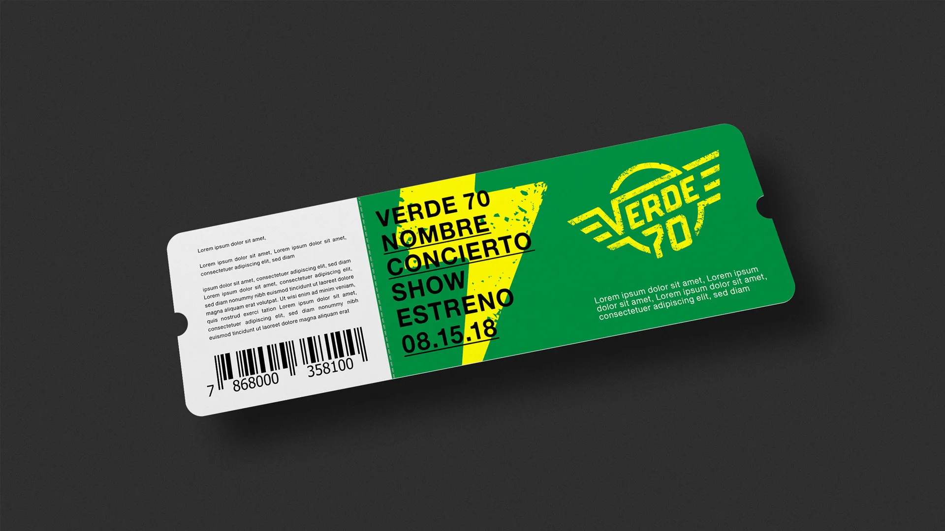 Aplicaciones de marca y elementos gráficos en entradas de conciertos