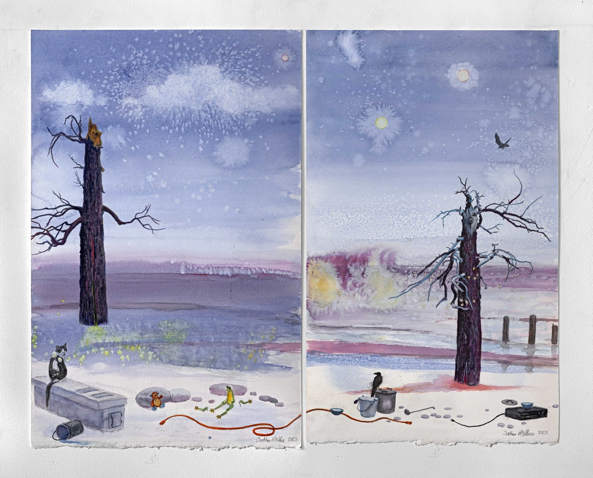 Twilight Dreams/ Neap Tide, 22.5" x 27.5", w.c., gouache, paper 2023