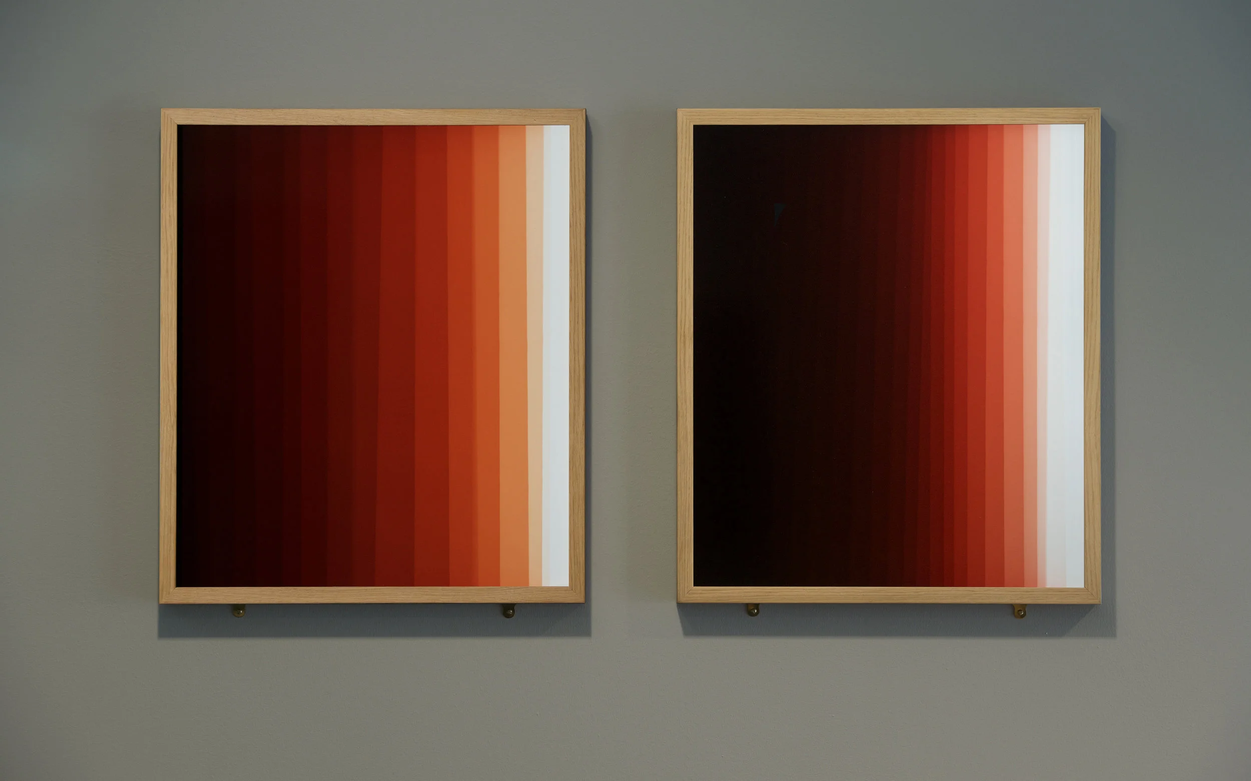 Test Strips/ Prøvestriper (2014) ø85, f32, 0-73-73, 1+1… sec and ø85, f32, 0-66-75, 1+1… sec Unique C-prints made in the darkroom without the photographical negative 50,8 x 43 cm each Photo: Pål Hoff Installation view at Bergen University College