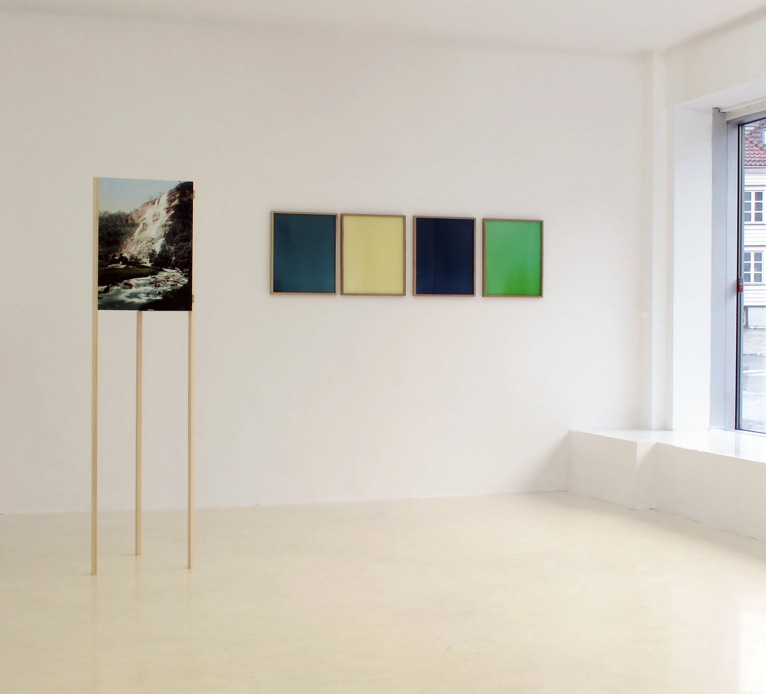 For the Sake of Colour (2013) " In the exhibition at Entrée, For the Sake of Colour , Vilde Salhus Røed is examining photography as representation and object at the same time. Early colour photographs, taken for the sake of colour, has been collected for the sake of colour by photographer Leif Preus (1928 - 2013) and archived in Preus Museum. Salhus Røed has investigated this material and reprocessed two new series; Where the Mountains are Pink and A Carpet of Primroses . Taking these found images as her point of departure for colour sampling, she has developed Colour Corrections , a series of analogue monochromes, by solely filtrating light to make colour impressions ." - From the press release for the exhibition For the Sake of Colour at Entrée, May 2013 Photo: Randi Grov Berger/Entrée Installation view at Entrée 2013