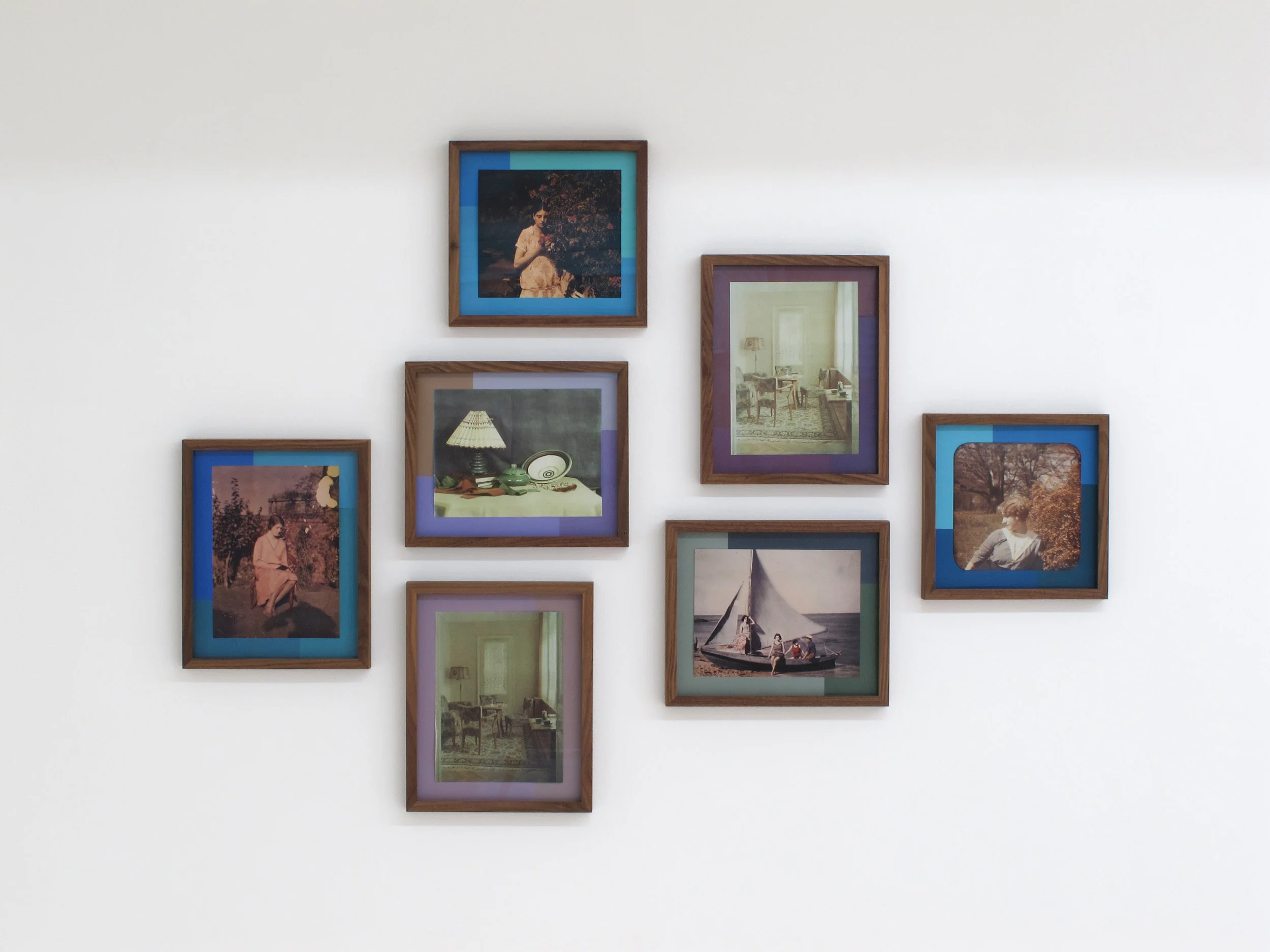 A Carpet of Primroses (Red Dress, Red Flowers, Green Study, Blue Interior (Darker), Blue Interior (Bright), Blue Sail, Yellow Bush) (2013) Photo reproductions from six boxes named Color , consisting of photo reproductions by Leif Preus of autochromes taken by unknown photographers. In the courtesy of Preus Museum Cibachrome collages, photo reproductions mounted on their contrast colours Photo: Randi Grov Berger/Entrée Installation view at Entrée