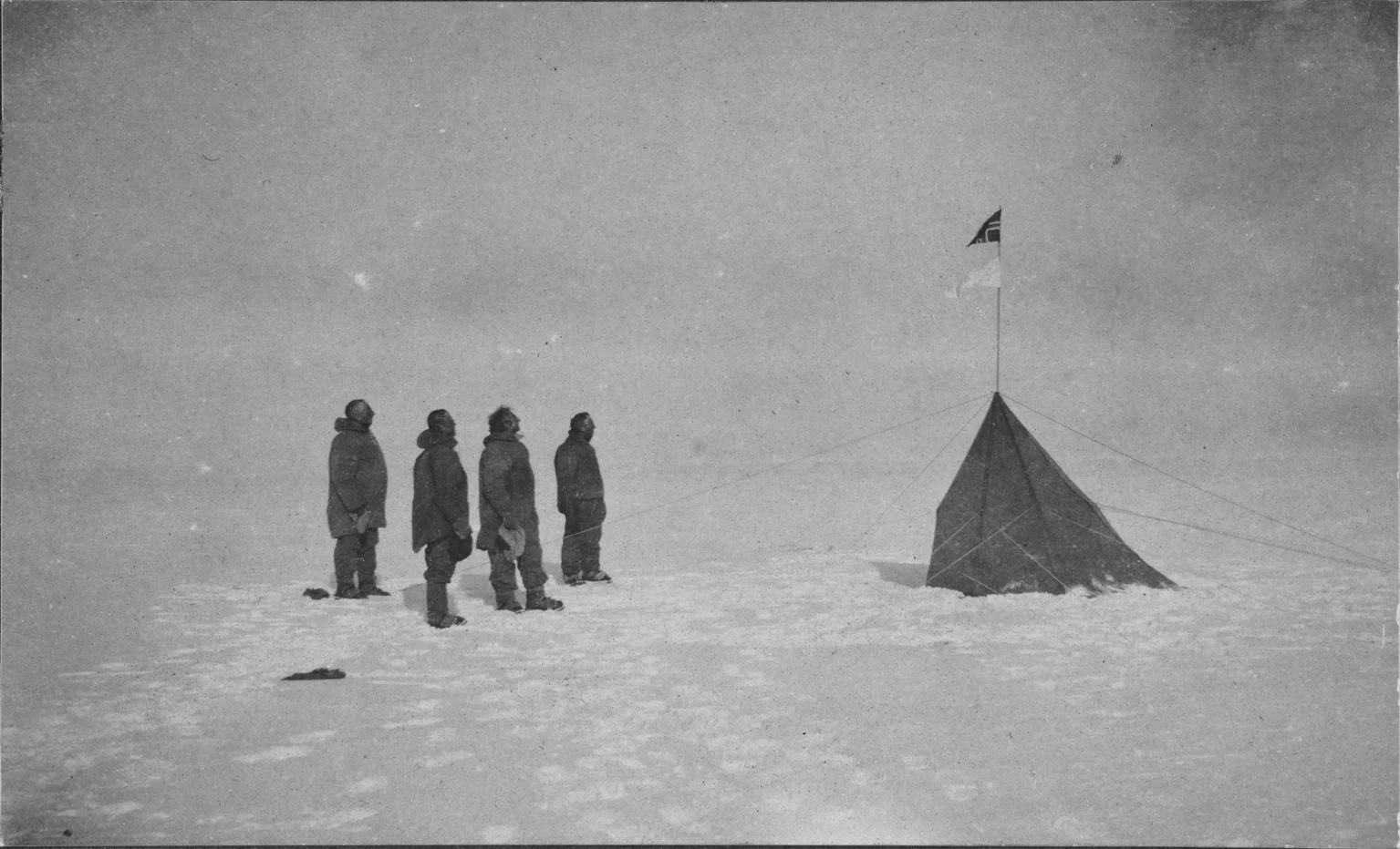 After Amundsen 1911 The successful explorers at the South Pole, 14th December 1911, by Olav Bjaaland (1911) After a digital image by National Library of Australia, after a silver gelatine fibre based original print in the portfolio Tasmanian Views by the photo assistant Edward William Searle (Tasmania 1912) in the collection of National Library of Australia.