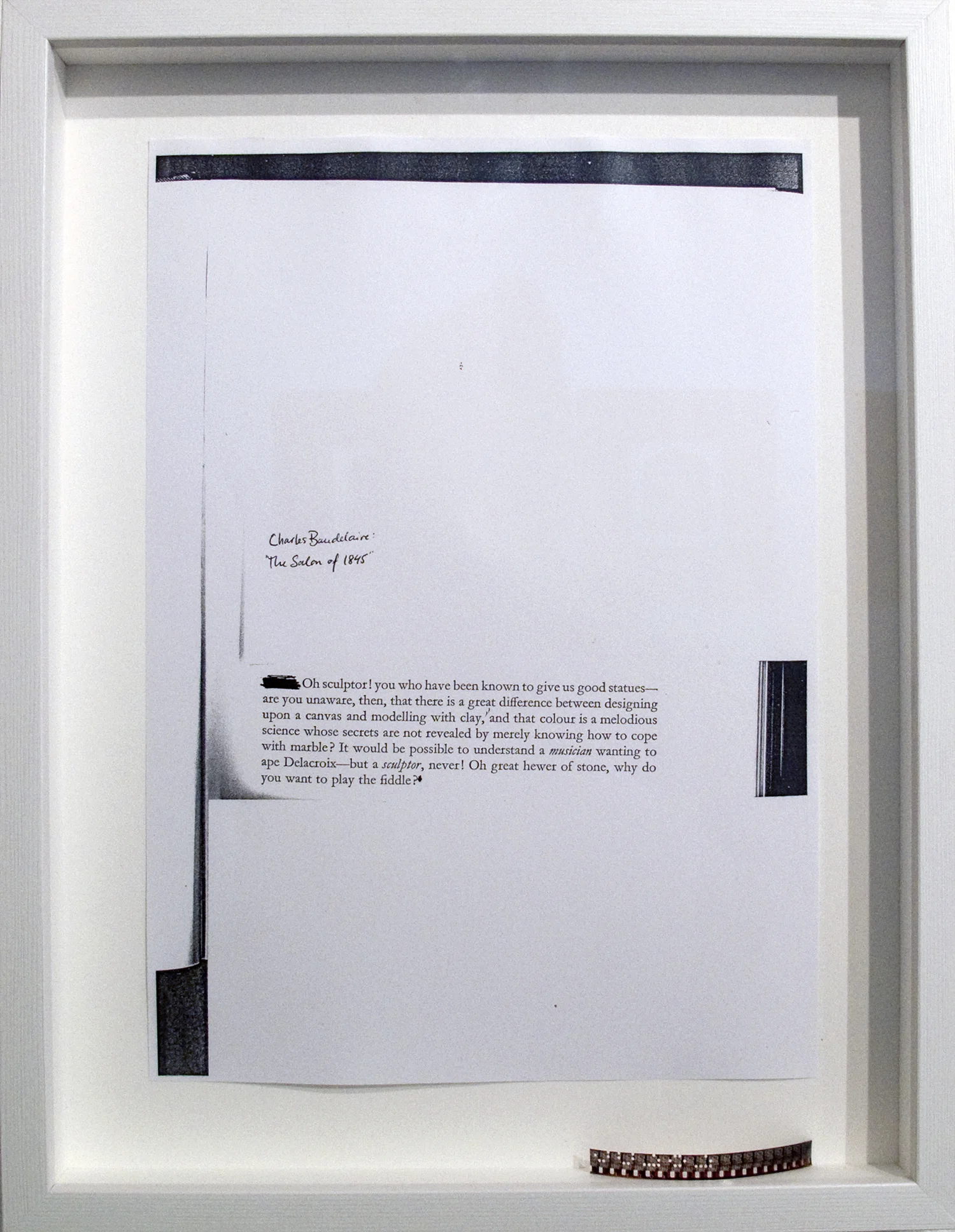 Study (2009) A4 photocopy of the first published text by Charles Baudelaire, The Salon of 1845, and a double-16 mm filmstrip recorded by the amateur photographer, and my grandfather, Paul G. Røed 29 x 37,5 cm